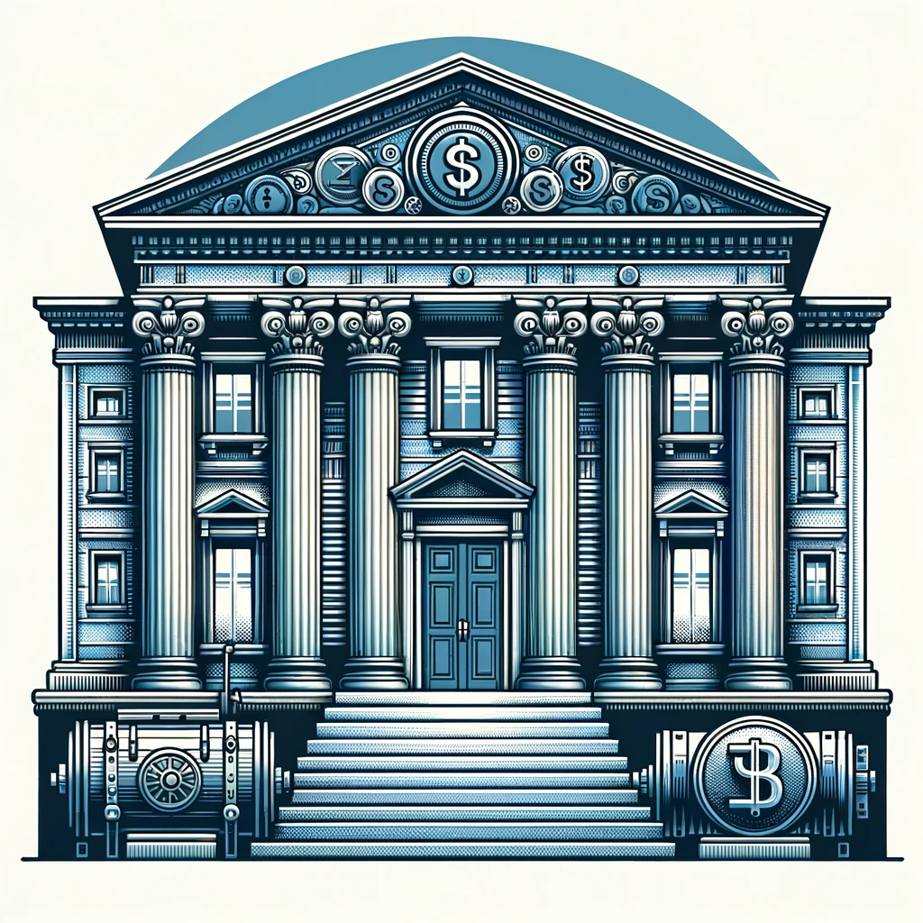 Traditional bank illustration featuring Retail, Commercial, Private, and Investment Banking services, including online security, regulatory compliance, and financial products like savings and loans.