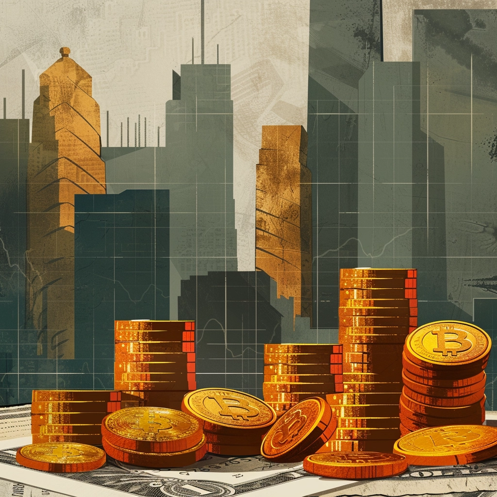 Stacked coins and Bitcoin with cityscape, representing economic growth.